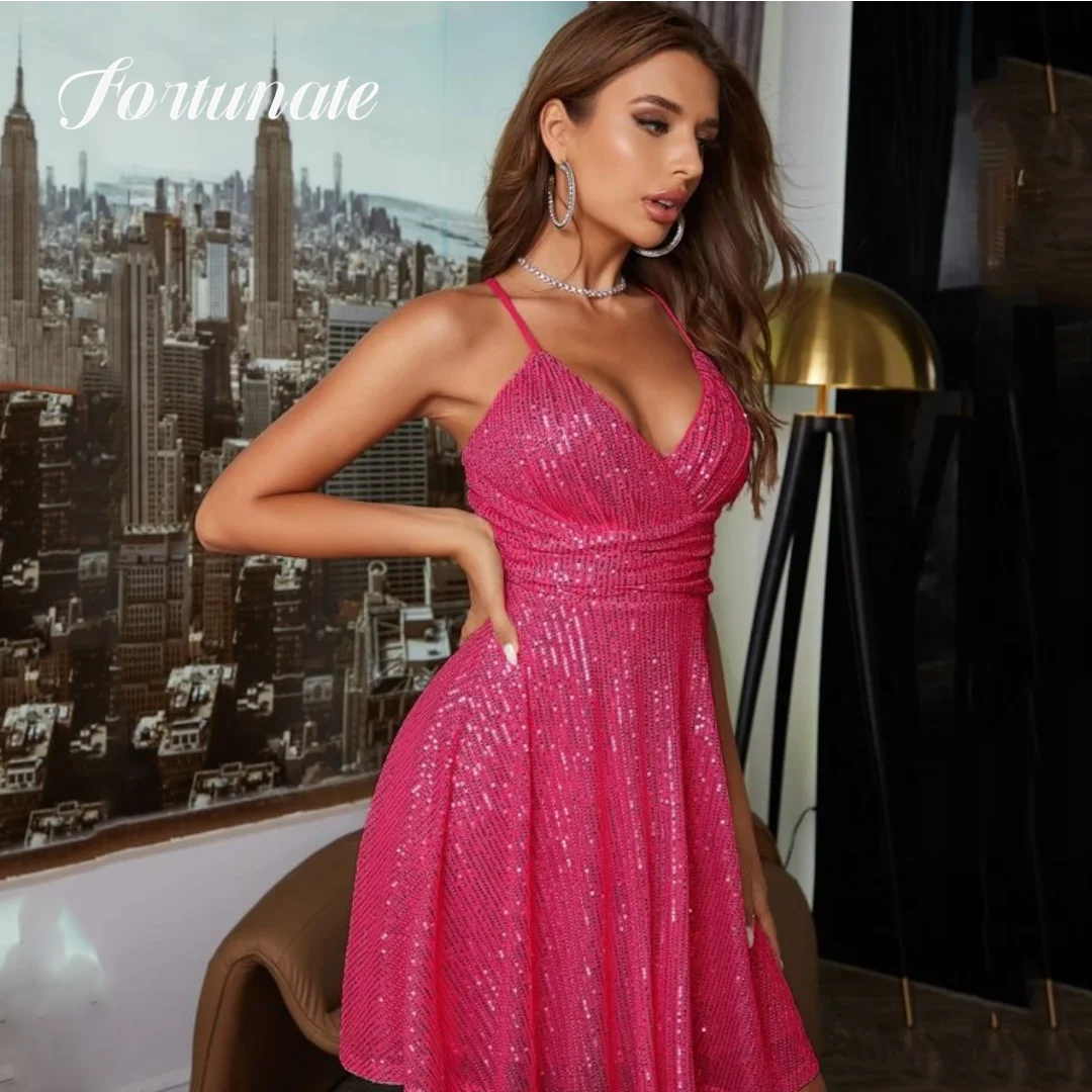 Short Red Quinceanera Dress Spaghetti Strap V-Neck Sequins Above Knee Cocktail Party Evening Party Dress For Woman 2023 Customed