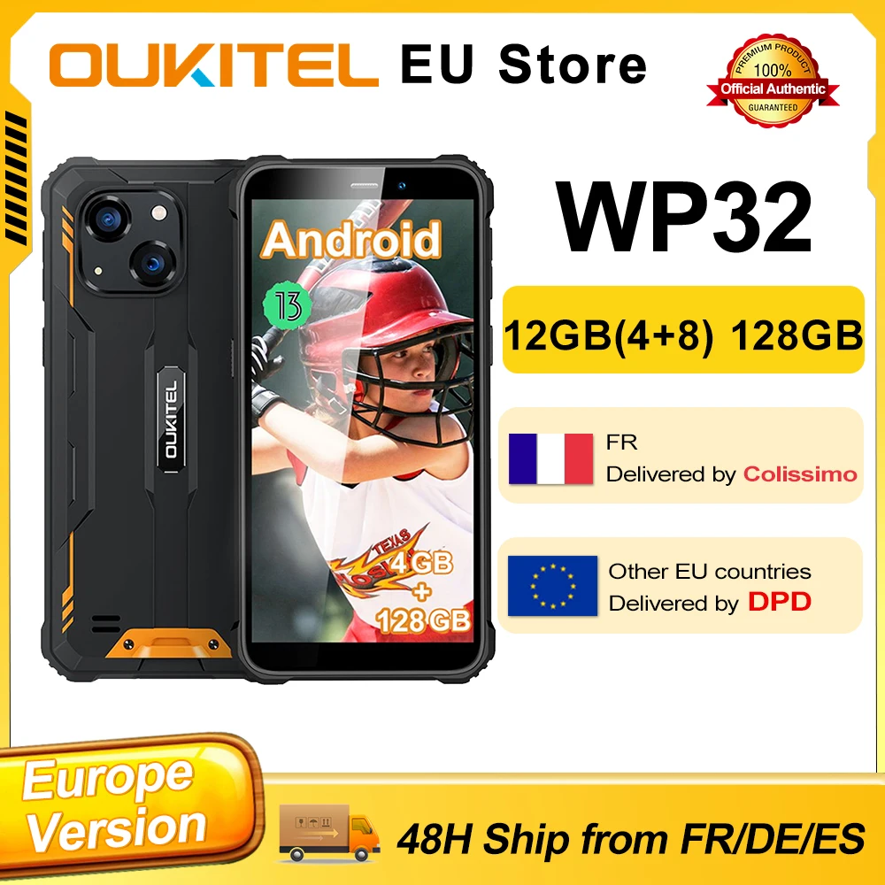 OUKITEL WP32 Android 13 Rugged Smartphone 4GB+128GB 6.0" HD+ 6300mAh 20MP Fingerprint Unlock Cell Phone