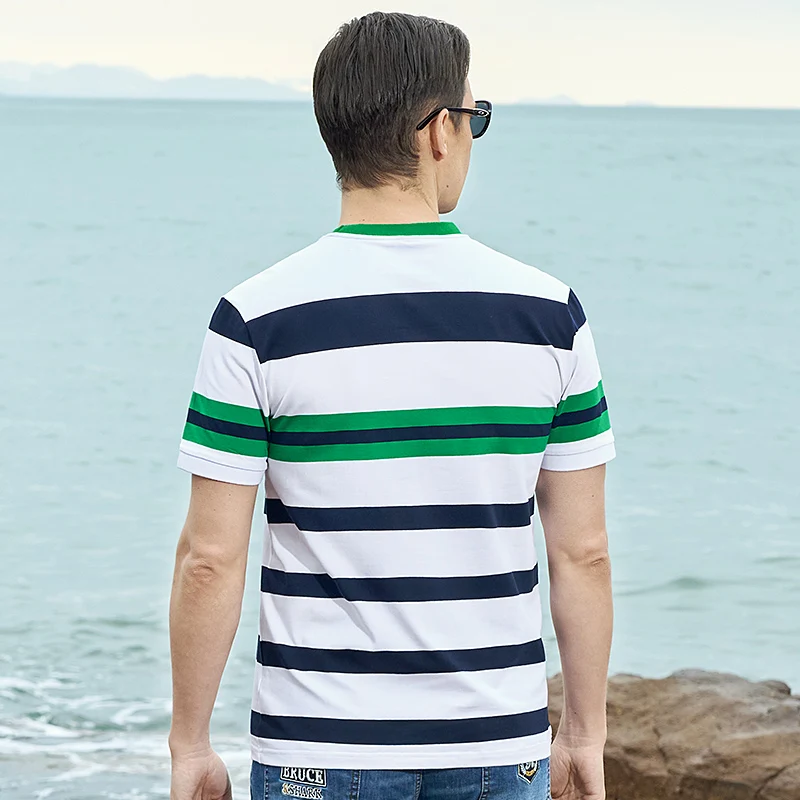 New Summer Straight Men\'s Round Neck T-shirt Short Sleeved Bruce&Shark Breathable Men\'s Stripe Tee Loose Clothing Big Size 4XL