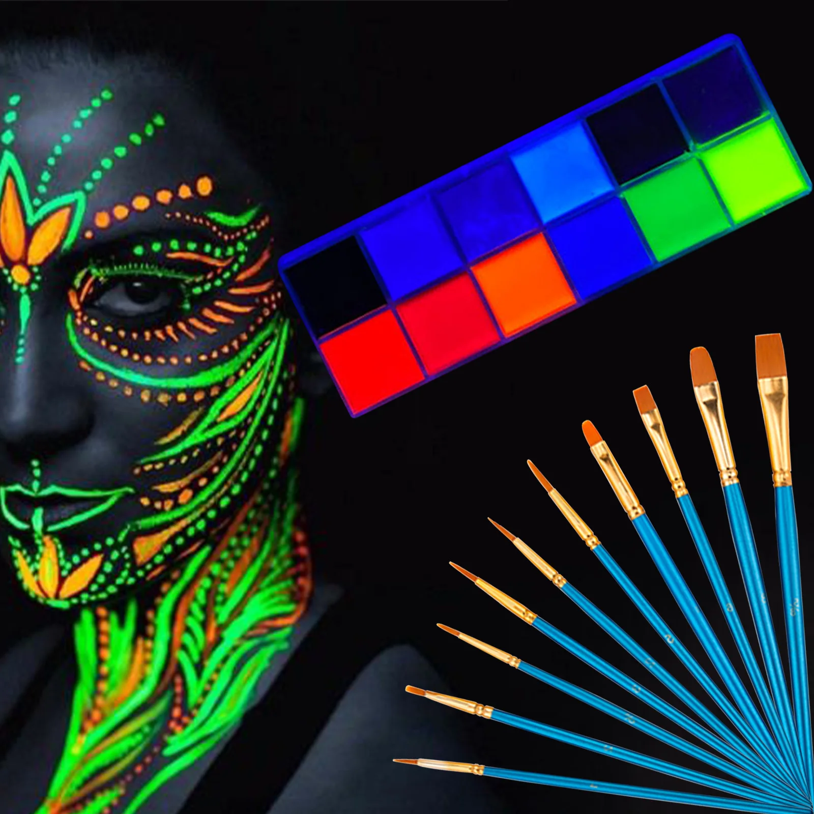 12 Colors Luminiscent Paint with Brush & Sticker Face Body Art Paint UV Glow Fluorescent Glowing Halloween Party Beauty Makeup