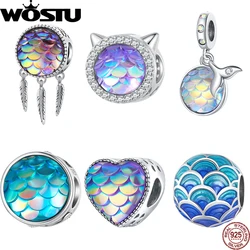 WOSTU 925 Sterling Silver Ocean Cathead&Fish Scale Hanging Bead Resin Heart Charms Fit Original Bracelet DIY Jewelry Making