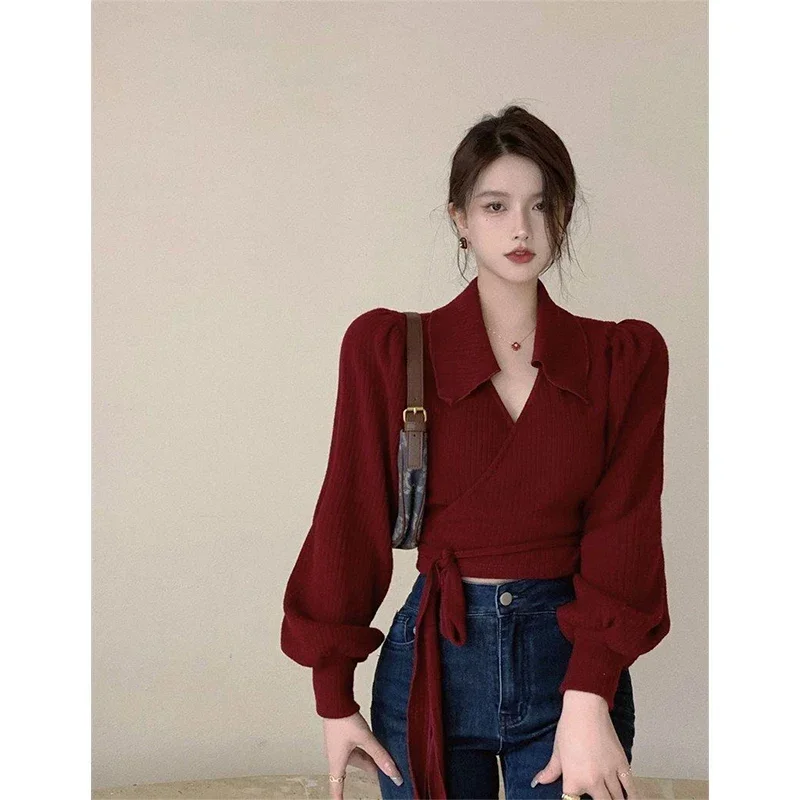 MEXZT Vintage Cropped Sweater Women Bandage Knitted Pullovers Streetwear Korean Lantern Sleeve Knitwear Elegant Bodycon Jumpers