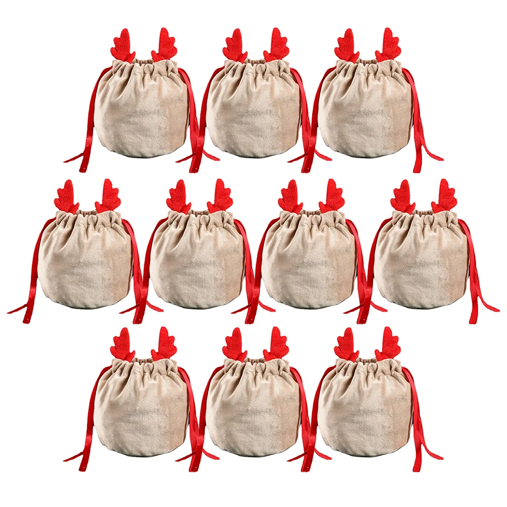 

10Pcs Christmas Velvet Drawstring Bag Antler Gift Bags Christmas Decorations Pouch Packaging Drawstring Bag
