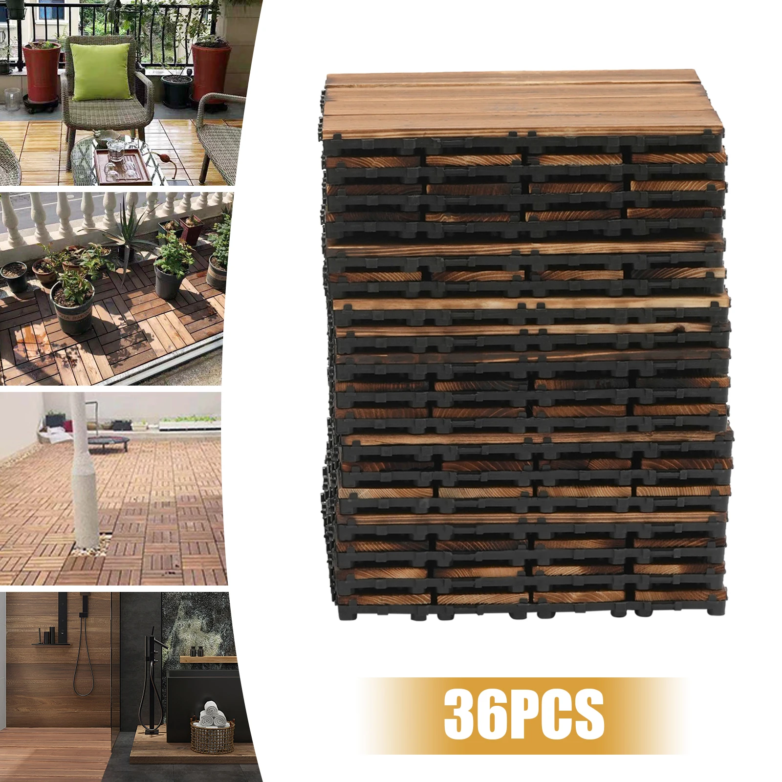 36 PCs ไม้เนื้อแข็ง Interlocking Carbonized ไม้ Patio Deck กระเบื้องสําหรับ Patio Deck, สระว่ายน้ํา, สวน, สนามหญ้านุ่ม, Backyard, Porch