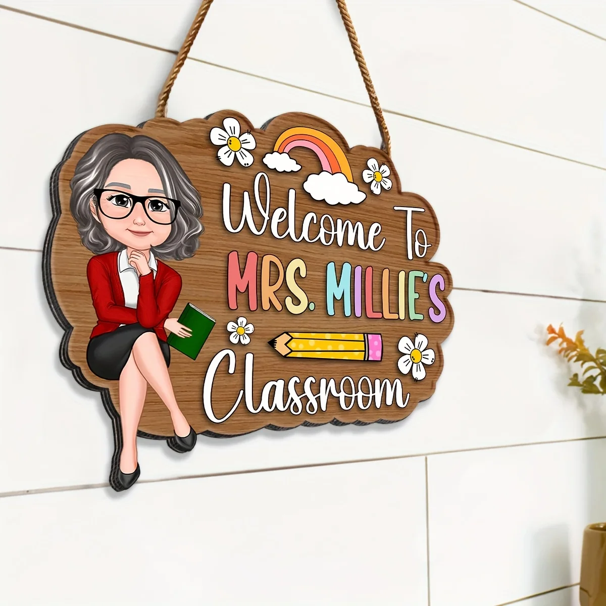 Custom Teacher Classroom Door Sign, Personalized Cartoon Teacher Wooden Plaque, Rainbow & Flower Decor for Classroom image 5