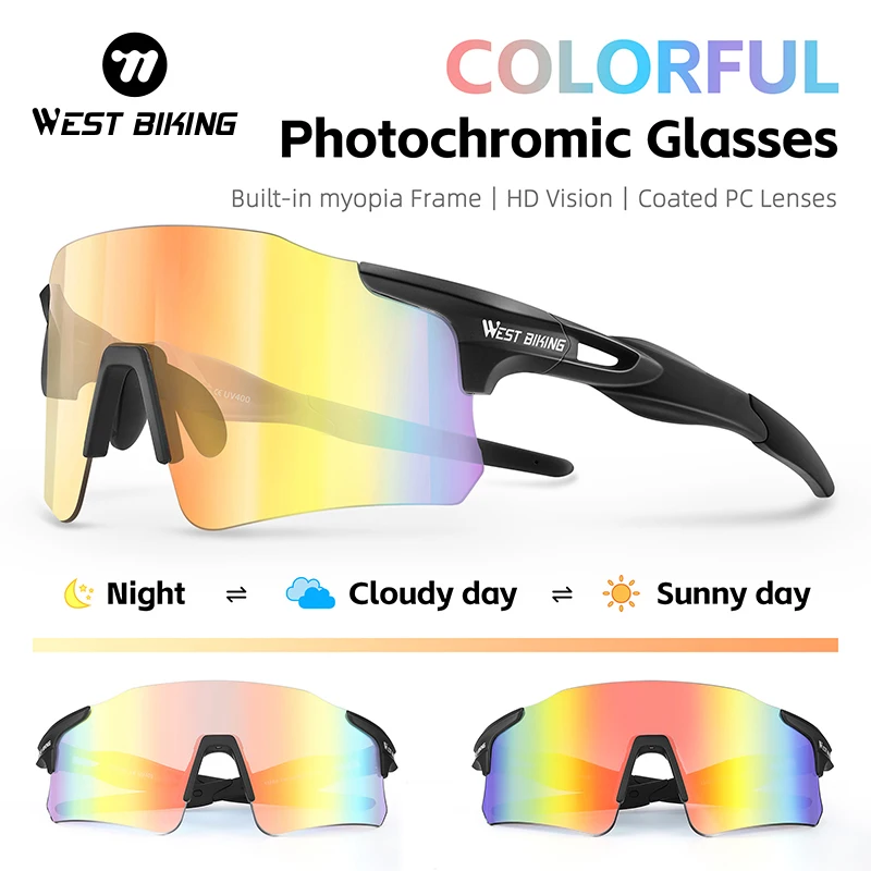 WEST BIKING Photochromic Cycling Glasses Colorful UV Protection Sunglasses Men Women MTB Bike Road Eyewear Sports Hiking Goggles