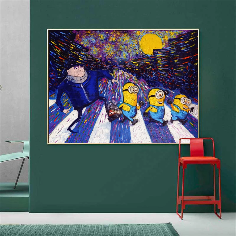 MINISO Minions Van Gogh Starry Night Poster Canvas Painting Minions Wall Art Canvas Painting For Kids Bedroom Nursery Decor Wall