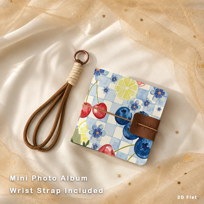 Light Blue Grid Watercolor Fruits Mini Photo Album Pocket Size Photo Storage Detachable Hand Strap Commemoration Gift