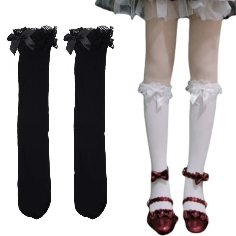 Women Lace Ruffle Knee High Socks  Bowknot Solid Color Stockings