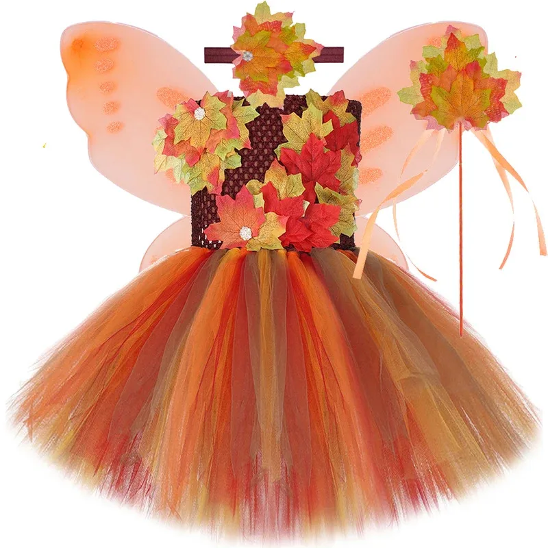 

Fall Autumn Maple Leaf Fairy Costumes for Girls Halloween Thanksgiving Holiday Dresses Kids Carnival Outfit with Butterfly Wings