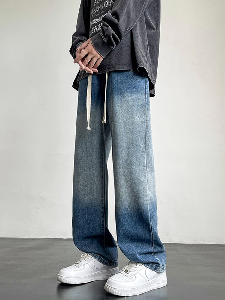 

American Retro adient Color Jeans Men's New 2024 Autumn Winter Wide Leg Loose Straight Cut Youthful Sle Wear Resistant