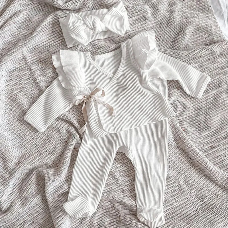 Ensemble de pyjama à manches longues pour bébé fille, haut de lit, pantalon, bandeau de sauna, à volants, automne 2023