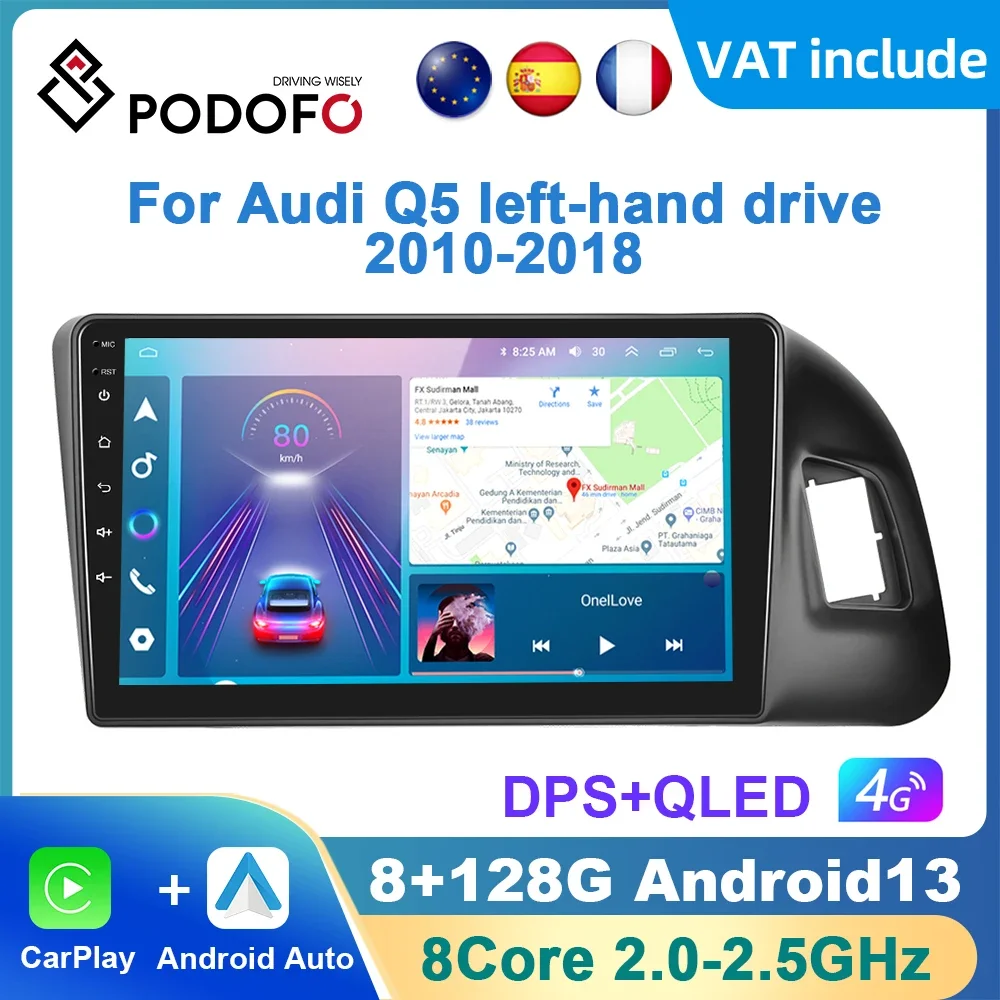 Podofo AI Voice Android Carplay Car Radio For Audi Q5 2010-2018 2din Android Auto 4G Multimedia Navigation GPS autoradio DSP