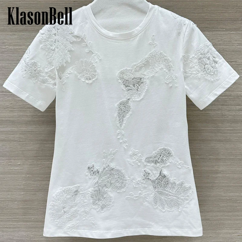 1.19 KlasonBell Fashion New Lace Embroidered Hollow Out Spliced Cotton Short Sleeve T-Shirt Elegant Soft Tee Women