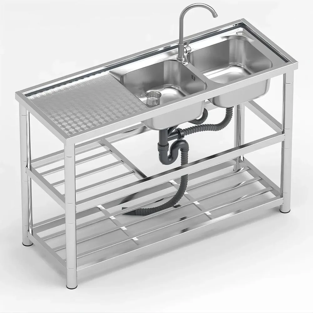 

Utility Sink, Free Standing Double Bowl Kitchen Sink, Suitable for Commercial, Restaurant, Indoor & Outdoor