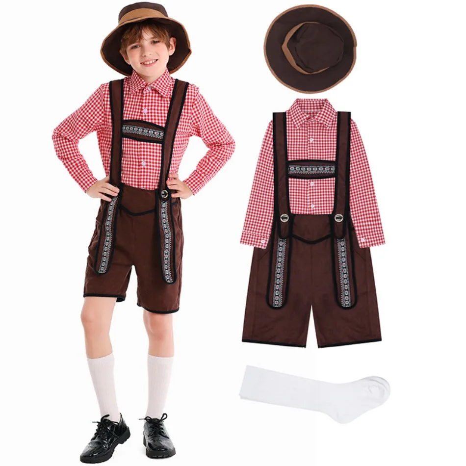 

German Traditional Beer Festival Childrens Clothing School Art Performance Red Plaid Straps Ethnic Boys Oktoberfest Costumes