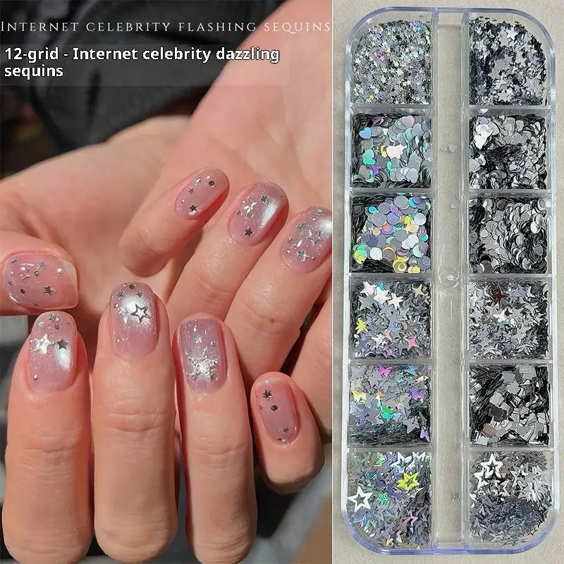 12 Fächer Mini-Pailletten mit Tupfen, Schmetterlingen, Sternen, Herzen, Glitzerpulver, Nagelkunst-Charms, Dekorationen, gemischte Aufkleber, Maniküre-Werkzeug – Detail 2