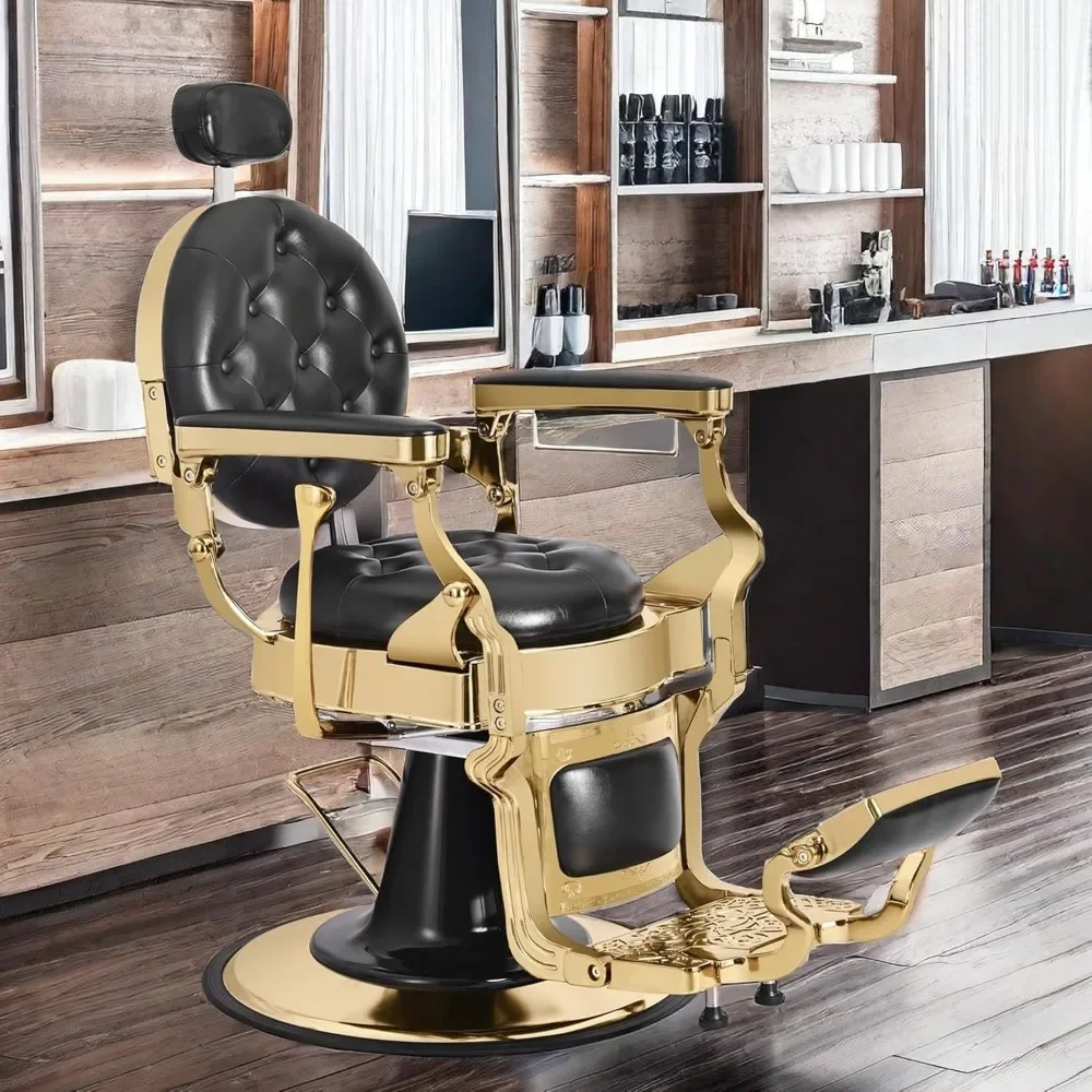 

"Heavy Duty Barber Chair - 360° Swivel Reclining Salon Chair for Hair Stylists, Vintage Black Gold Barbershop Stool"​