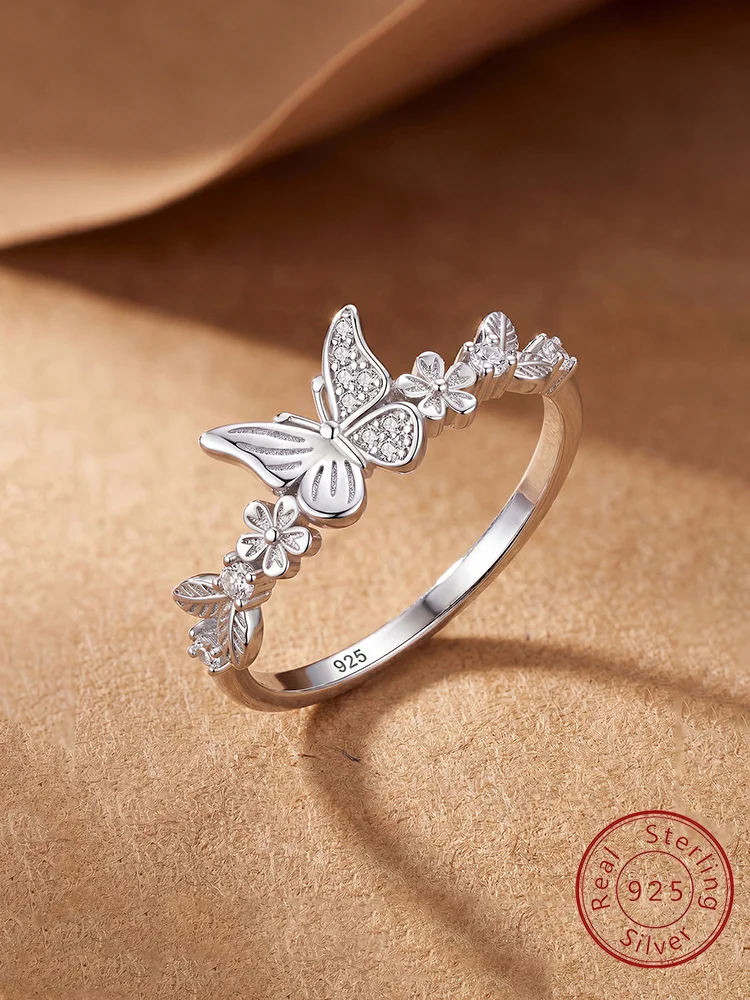 Modischer, eleganter Glücks-Schmetterlings-Blumenring aus 925er Sterlingsilber für Damen, Party, Jahrestag, Alltag, hochwertiger edler Schmuck