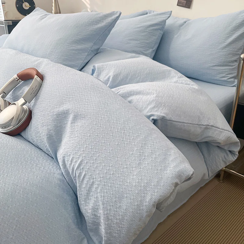 Japanese solid color four-piece set, simple seersucker bed sheet quilt cover, dormitory four-piece set