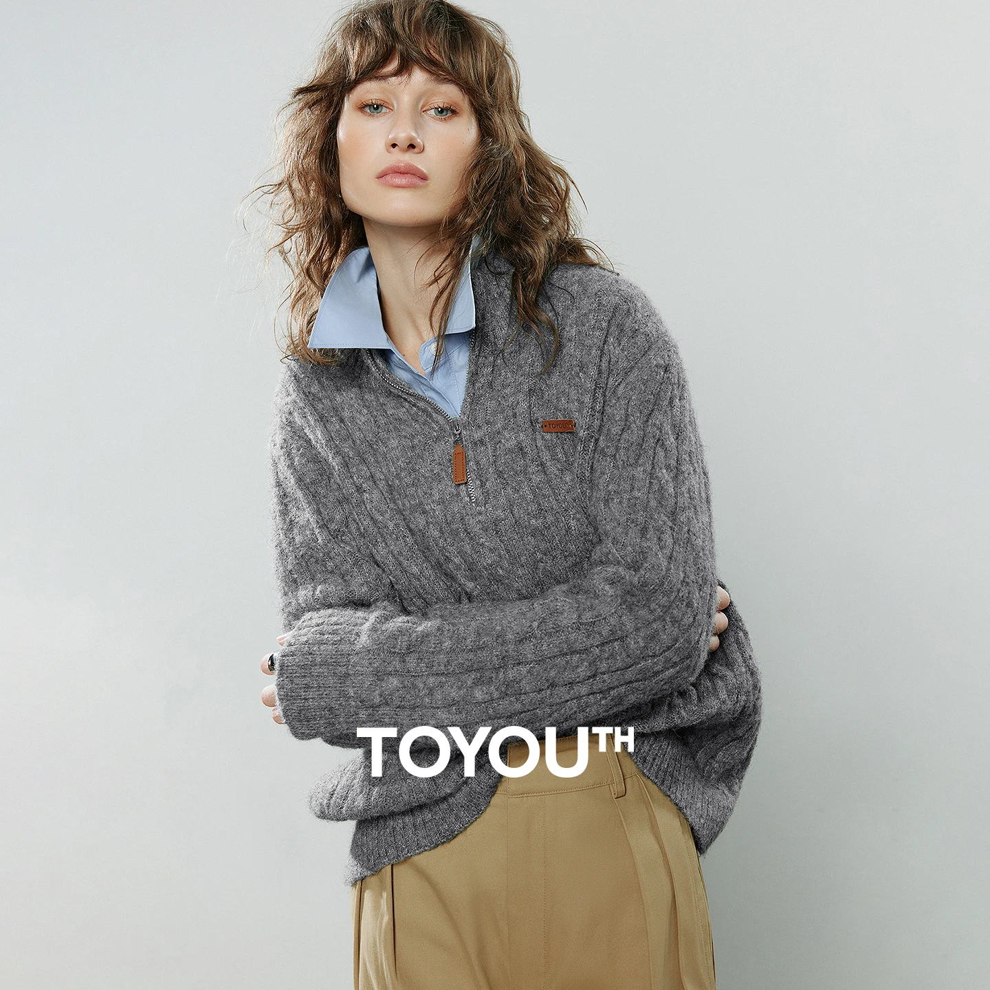 TOYOUTH Damen-Pullover, 2025, Winter, neu, asymmetrisch, alter Geldstil, Lazy Vibe, Stehkragen, Reißverschluss, Zopfmuster, Marled-Retro-Top