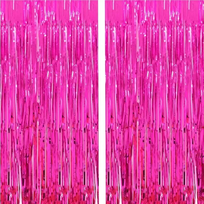 2 Pcs 3.2ft x 8.2ft Shiny Hot Pink Metallic Tinsel Foil Fringe Curtains Photo Booth Backdrop  (Hot Pink)