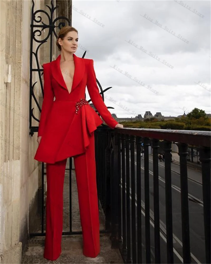 

Red Women Suit Pants Set 2 Pieces Blazer+Trousers Stone Beaded Customized Autumn Fall Formal Guest Wedding Tuxedos Party Coat