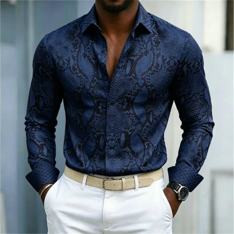 2026 New Men's Shirt Snake Print Long Sleeved Shirt Slim Fit No Iron Business Casual Shirt Street Style High-Quality Shirt view 3