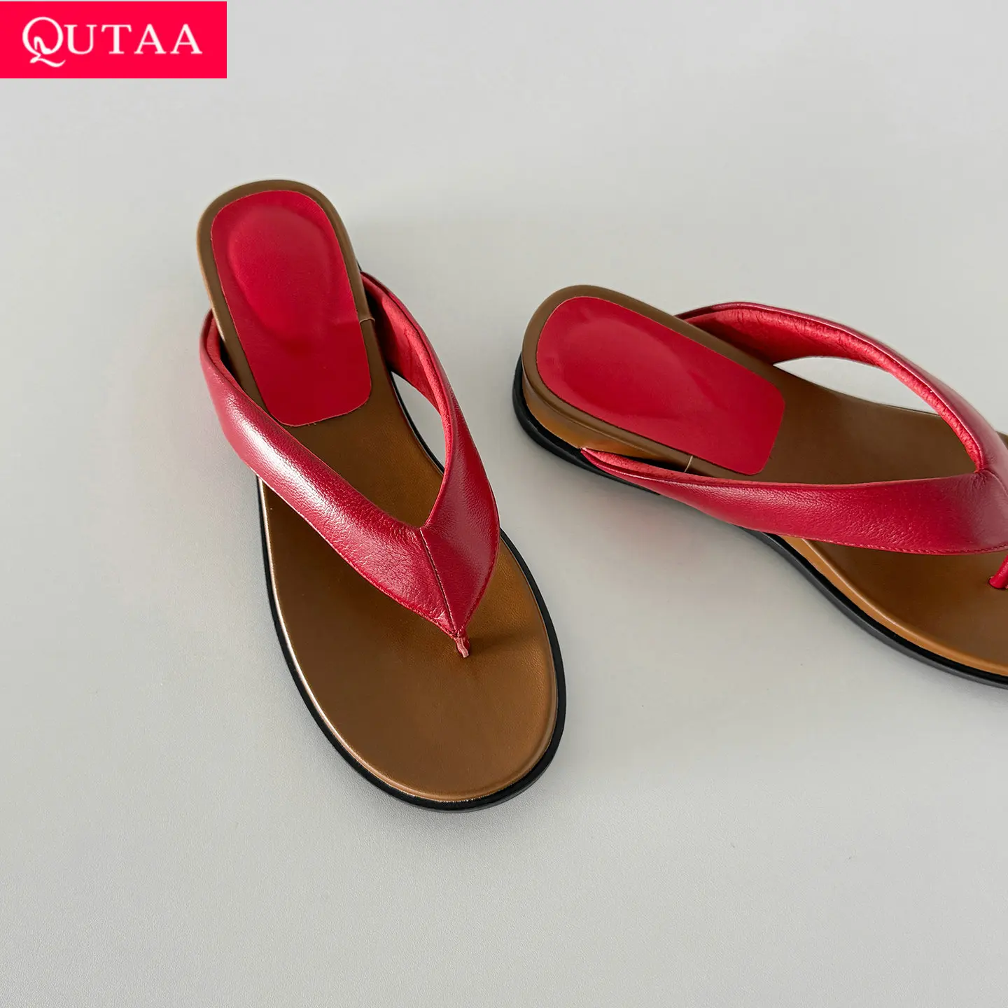 

QUTAA 2026 Fashion Women Summer Sandals Shoes Flats Heels Genuine Leather Round Toe Flip-flops Sandals Casual Shoes Dress 34-40
