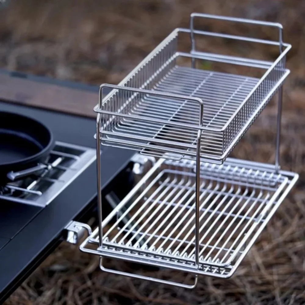 Sistema IGT para acampar, estante lateral extensible, cesta  drenaje  doble capa  aluminio, organizador  almacenamiento colgante