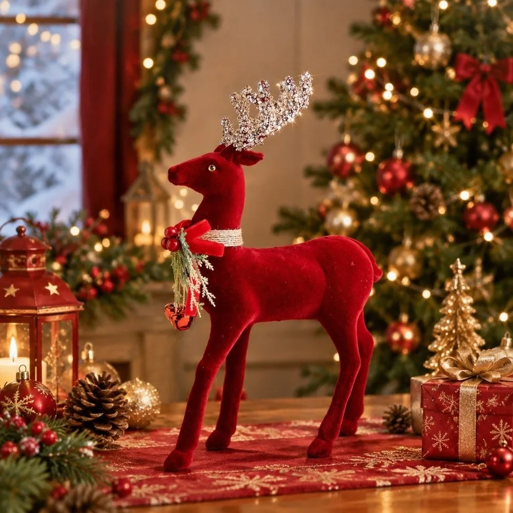 Flocking Texture Christmas Elk Figurine Shiny Antlers Creative Styling Xmas Reindeer Statue Exquisite Lightweight Build