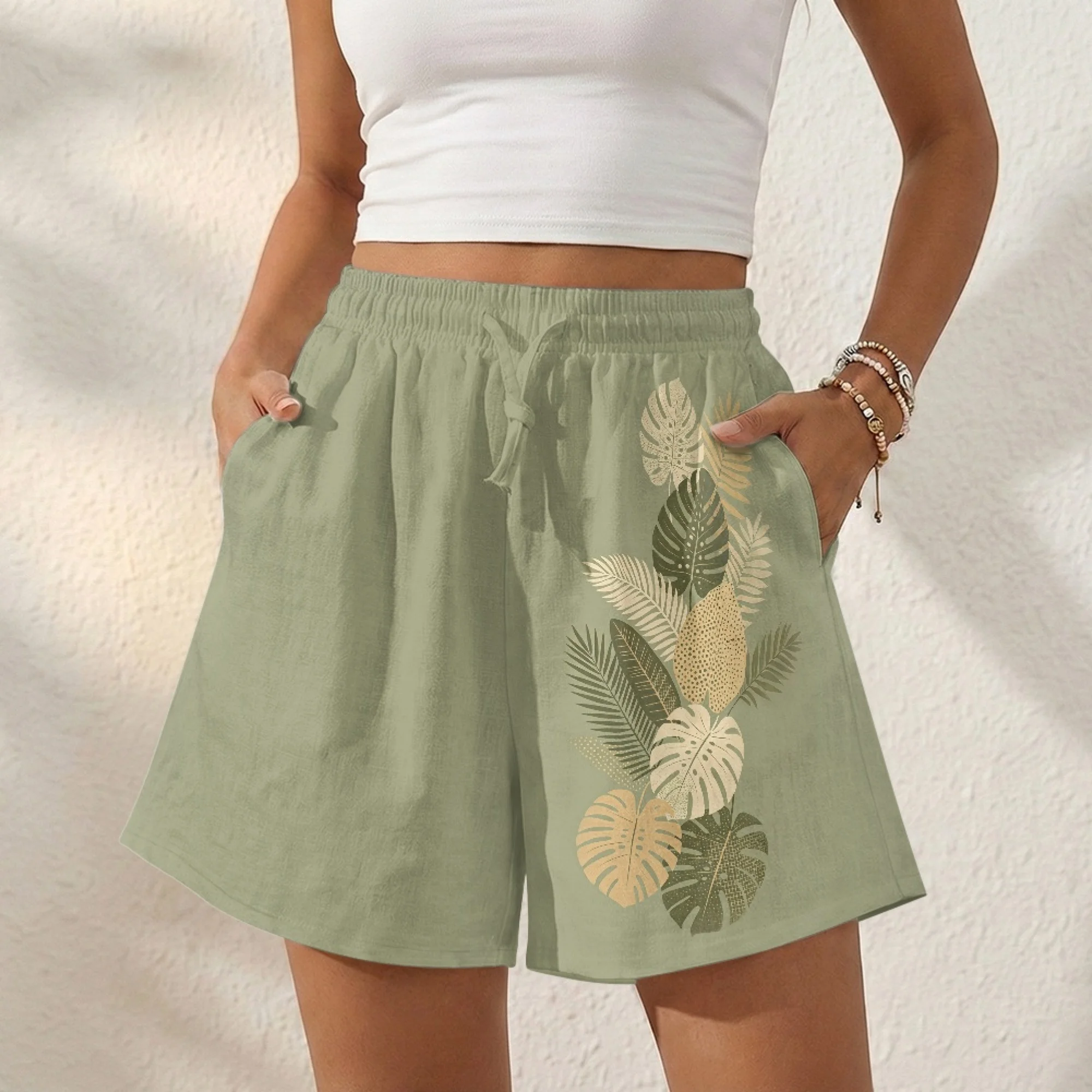 Women's Casual Linen Shorts Monstera Vacation Baggy Trendy Linen Shorts with Elastic Waist for Women Summer Outfits S-2XL