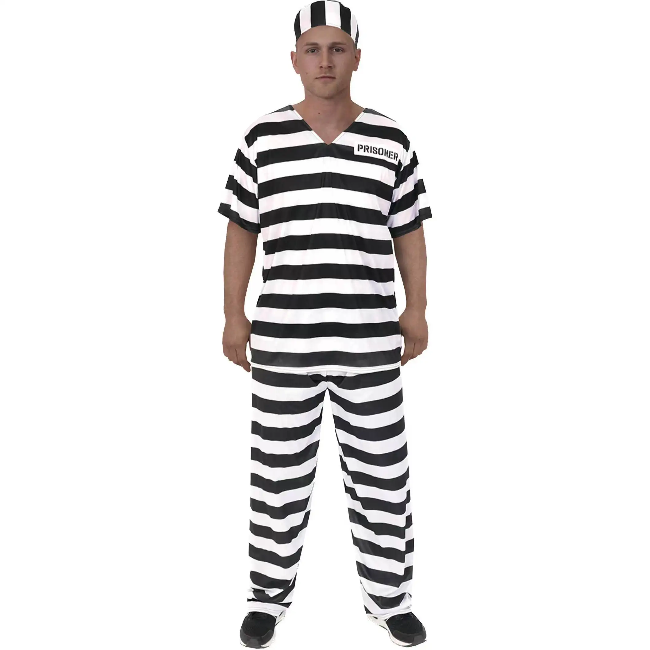 ชุดนักโทษลายทางสีส้มสำหรับผู้ใหญ่ ชุดคอสเพลย์นักโทษ ชุดแสดงบนเวทีสำหรับผู้ชายและผู้หญิง