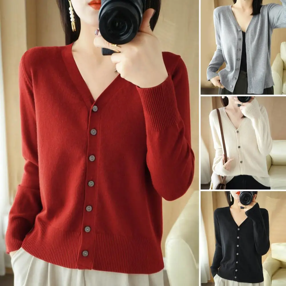 

2024 Women Cardigans Long Sleeve Knitted Outerwear Solid Thin Spring Autumn Sweaters V-neck Knitwears Korean Fashion Cardigans