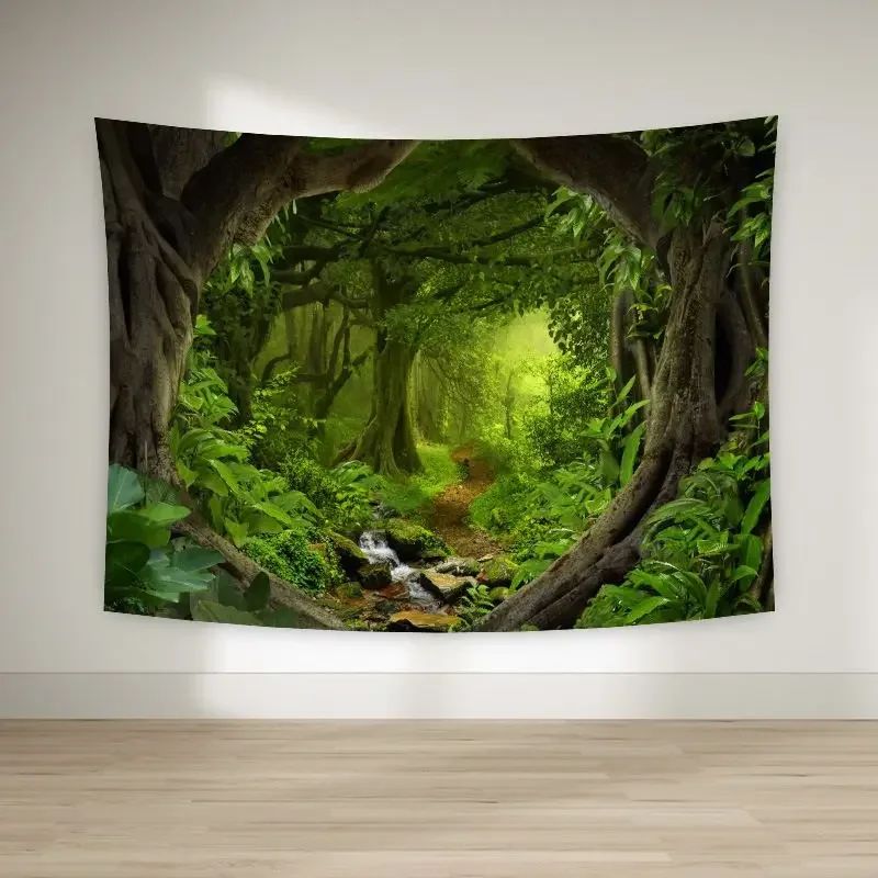 VIKAMA Misty Stream Forest Tapestry Wall Hanging for Living Room Bedroom Tea Room Wall Art Natural Boho Home Decor