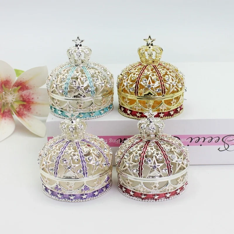 SHINNYGIFTS Handmade Enamel Metal Jewelry Box Royal Crown Shape Design Trinket Box with Rhinestone Home Decor Gift for Women