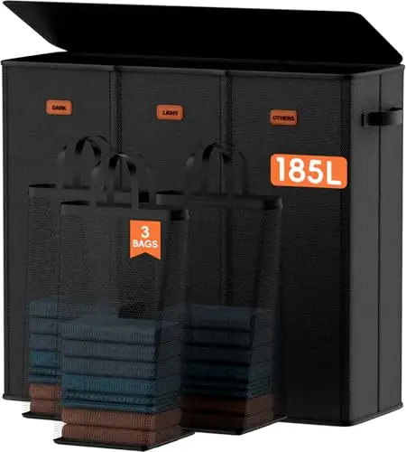 

Корзина для белья на 185 л, 3 секции, с крышкой, для грязной одежды, с 3 съемными мешками для стирки, очень большая