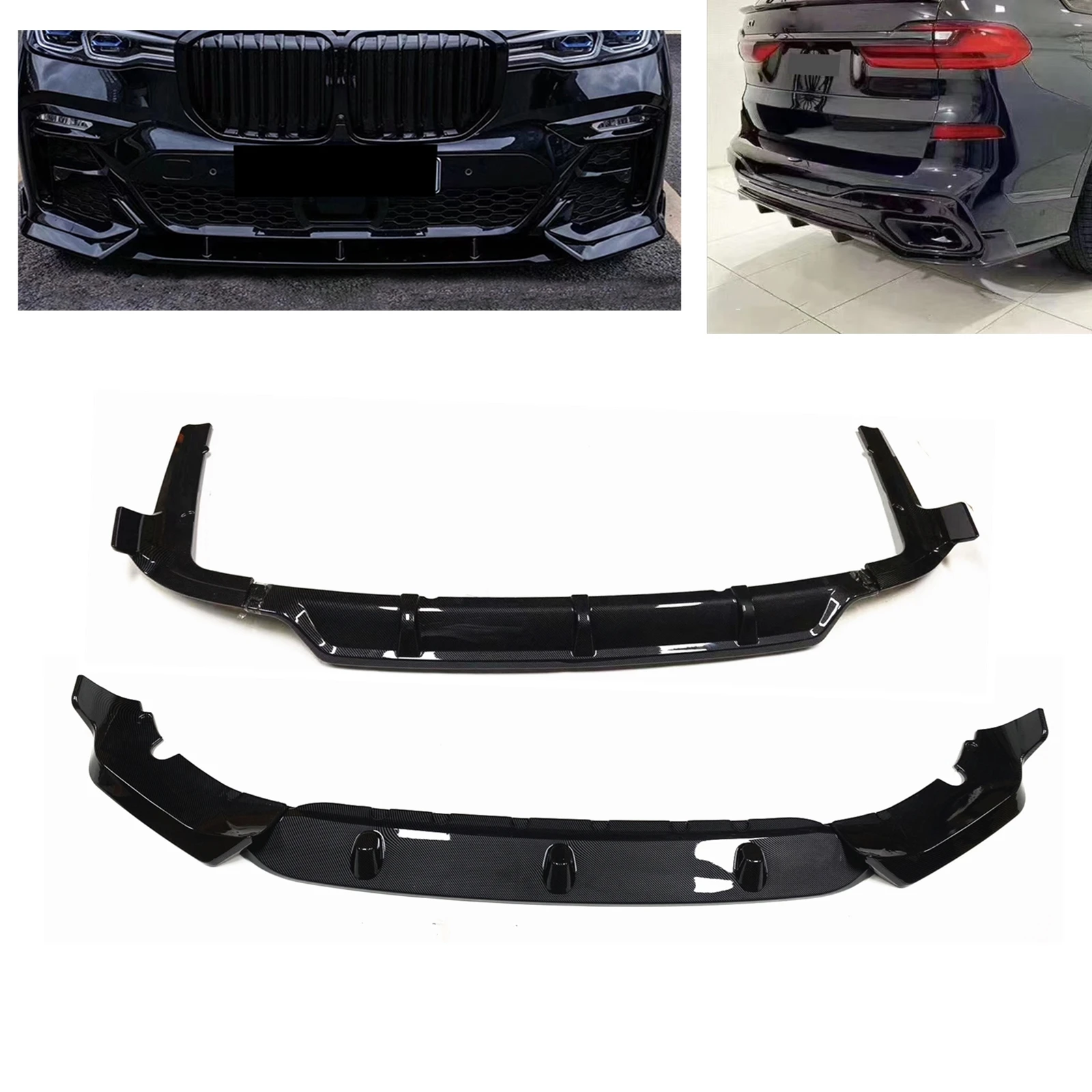 

For BMW G07 X7 M Sport 2019-2022 ABS Carbon Fiber Look Rear Bumper Diffuser+Front Lower Spoiler Lip Splitter Blade Car Body Kit