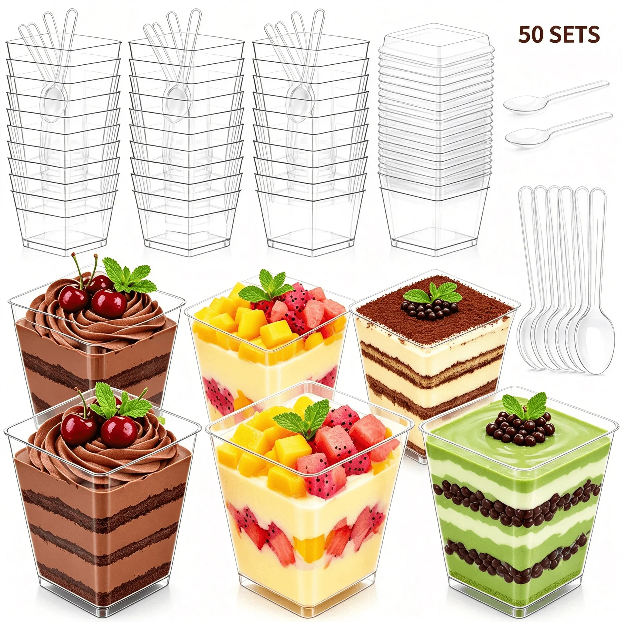 50 Pack Mini Dessert Cups with Lids and Spoons,5oz Clear Square Plastic Cups for Homemade Cheesecake,Tiramisu,Pudding,Parfait and Mousse Desserts,Individual Serving Containers for Home Bakers,Kitchen Baking Projects,Family Gatherings and Holiday