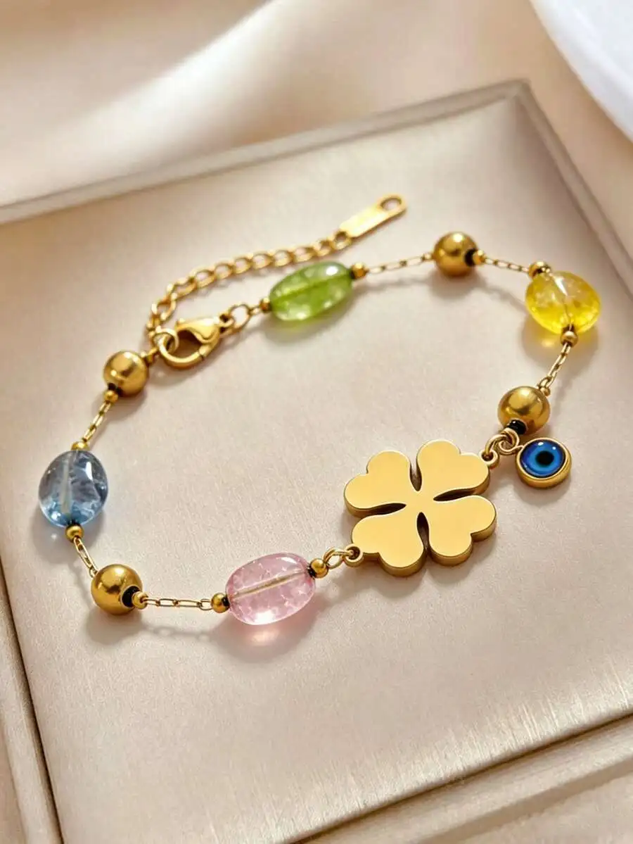 

VceTd 1pc Minimalist Stainless Steel Pendant Bracelet With Four-Leaf Flower And Asymmetrical Beaded Design, Suitable For Women's Daily Life, Travel Or Holiday Wear, Also Makes A Great Gift For Loved Ones Or Friends