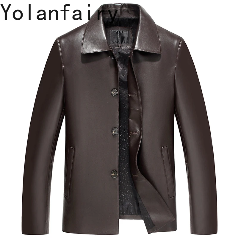 

YOLANFAIRY 100% Genuine Leather Jacket Men Autumn Winter Natural Sheepskin Leather Coat Lapel Warm Brown Leather Jackets Man