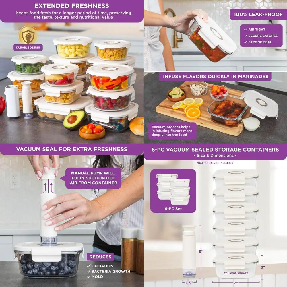 

6-Piece Glass Food Storage Set with Manual Pump - Preserve Freshness, BPA-Free, Leak-Proof for Meal Prep and Storage