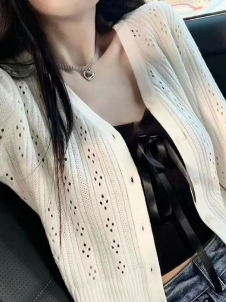 

White V-Ne Hollow out Knitted ort Thin Faion Outerwear Women's Summer Cardigan Slim Fit Open Front Top Polyester Fiber
