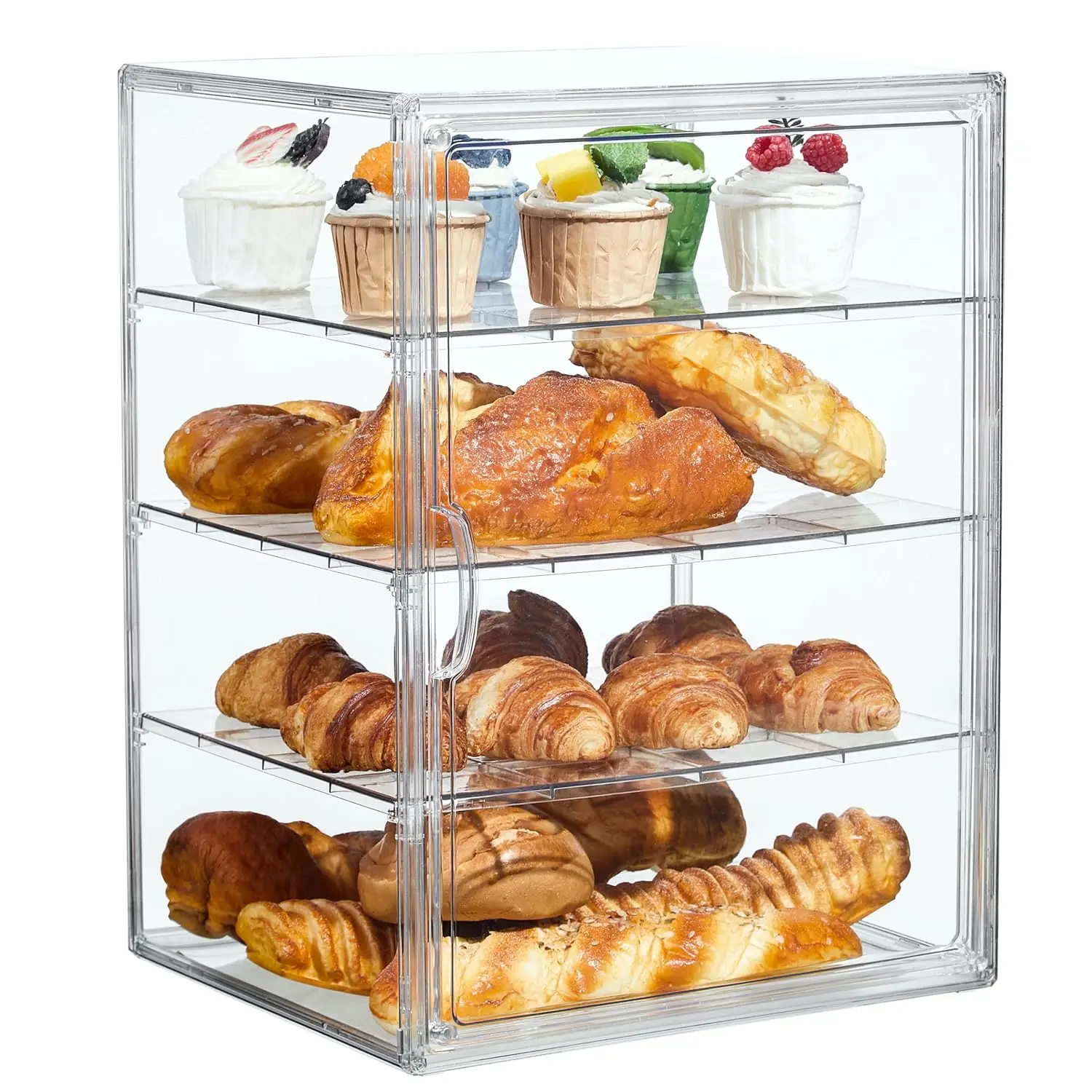 

Pastry Display Case,Bread Box for Kitchen Countertop,4 Layers Adjustable Clear Bread Storage with Magnetic Door Bakery