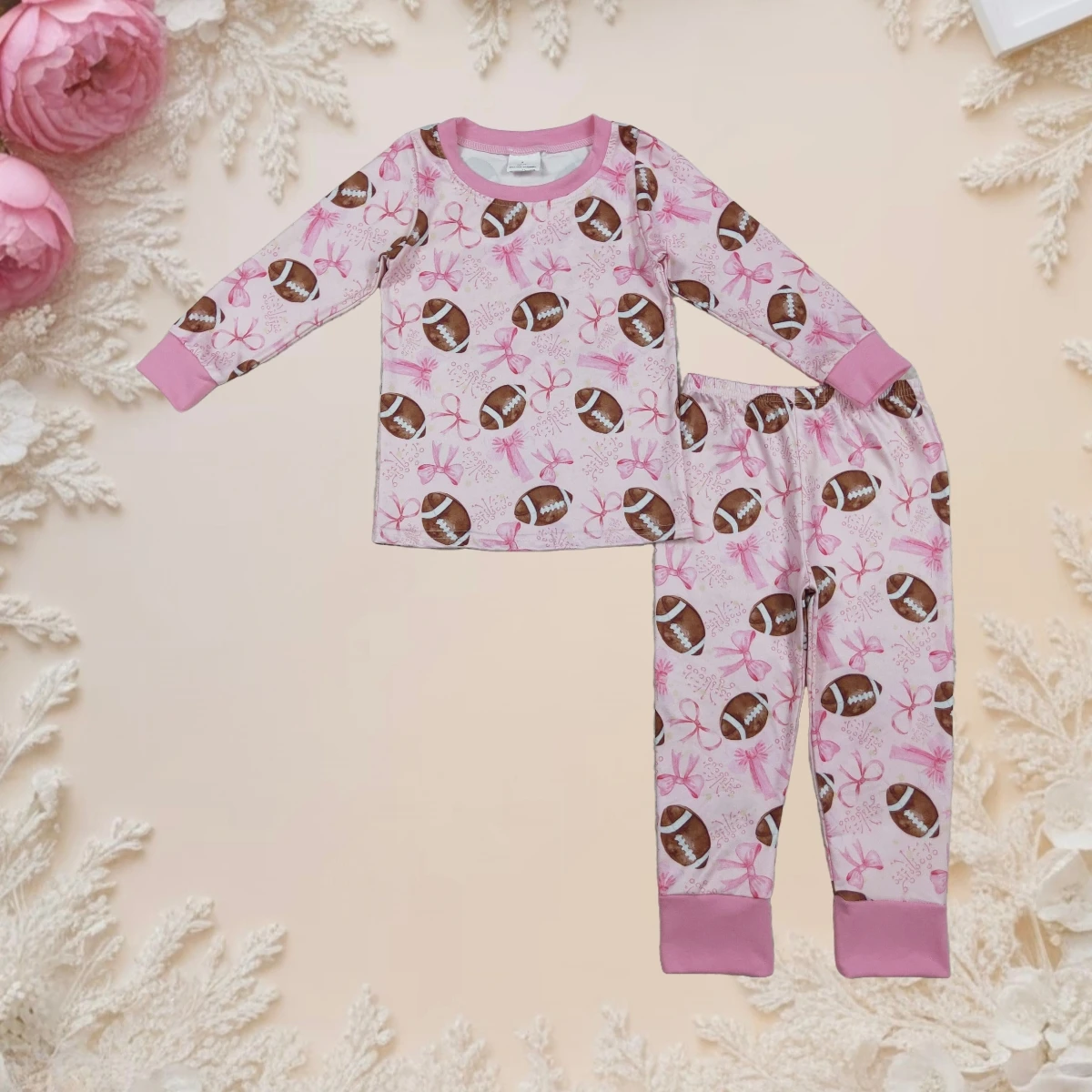 

Baby Girl Long Sleeve Pajamas Set Infant Toddler Cute Cozy Sleepwear with Football Bows Tops and Pants Outfit Children Clothes