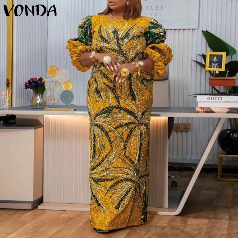 

VONDA Women Vintage Maxi Dress 2025 Summer Printed Puff Sleeve Vestidos Casual Loose Robe Bohemian Long Sundress Oversized