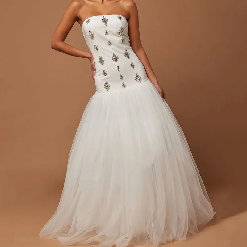 

New white sexy decorative diamond mesh tutu dress high-end women's tube top dress dress fashion simple elegant versatile h