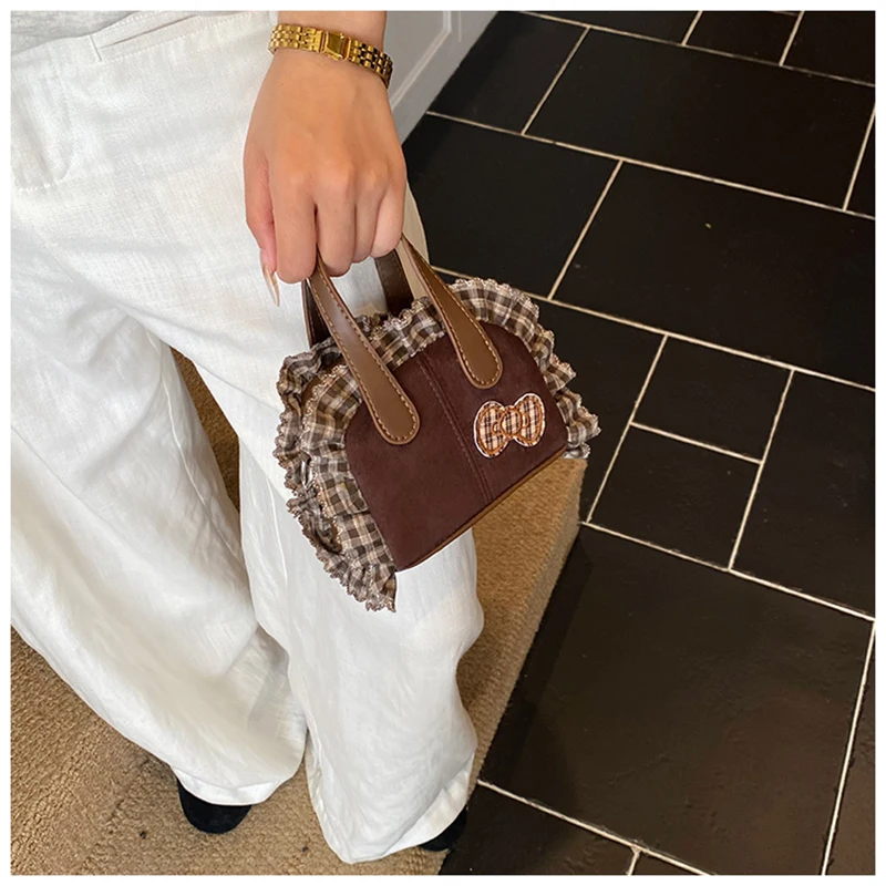 

Женская мини-маленькая квадратная сумка в стиле пэчворк, клетчатая сумка через плечо с бантом, текстурированная модная универсальная сумка из искусственной кожи, новая сумка