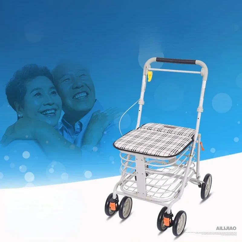 Portable Folding Shopping Walker - Reinforced Aluminum Alloy Trolley with Universal Wheels, Mobility Aid for Elderly