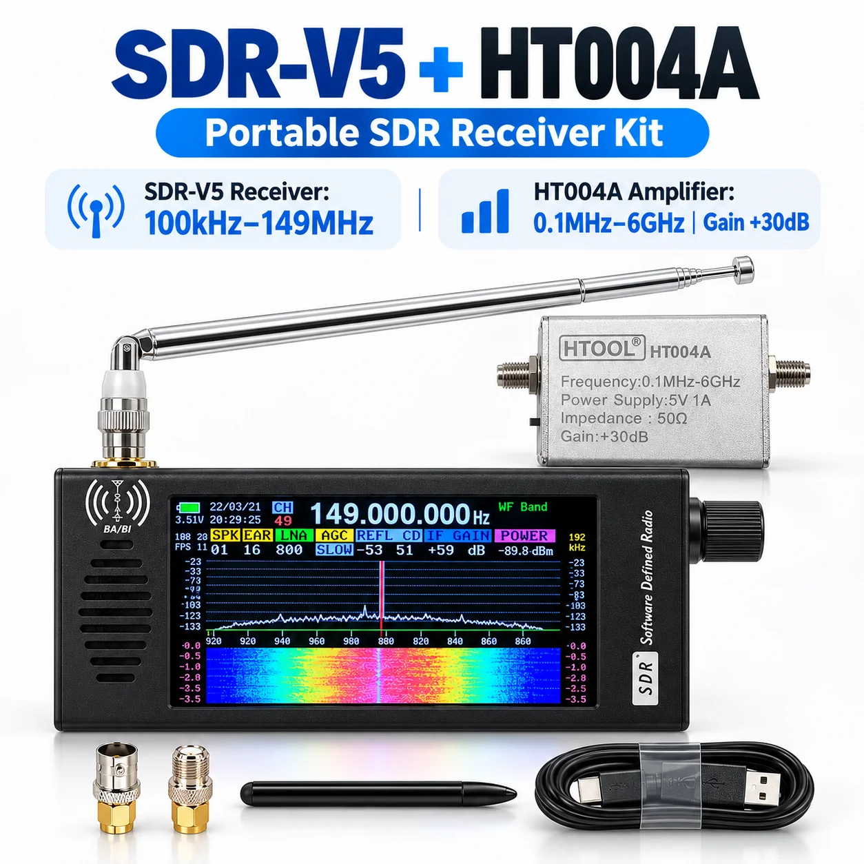 Portable SDR Receiver SDR-V5 + HT004A 30dB Low Noise Amplifier, Software Defined Radio, 100kHz-149MHz DSP Receiver, CW AM FM SSB